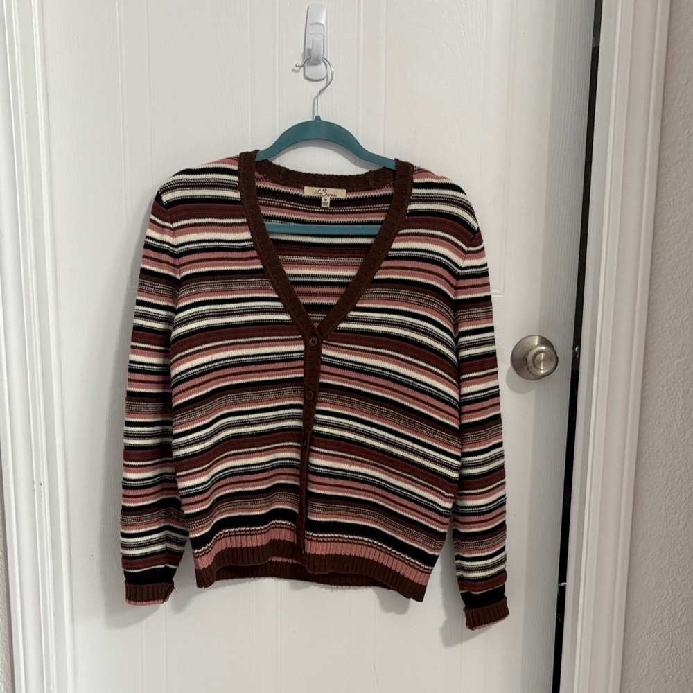 Striped V‑Neck Button Cardigan in Brown and Pink